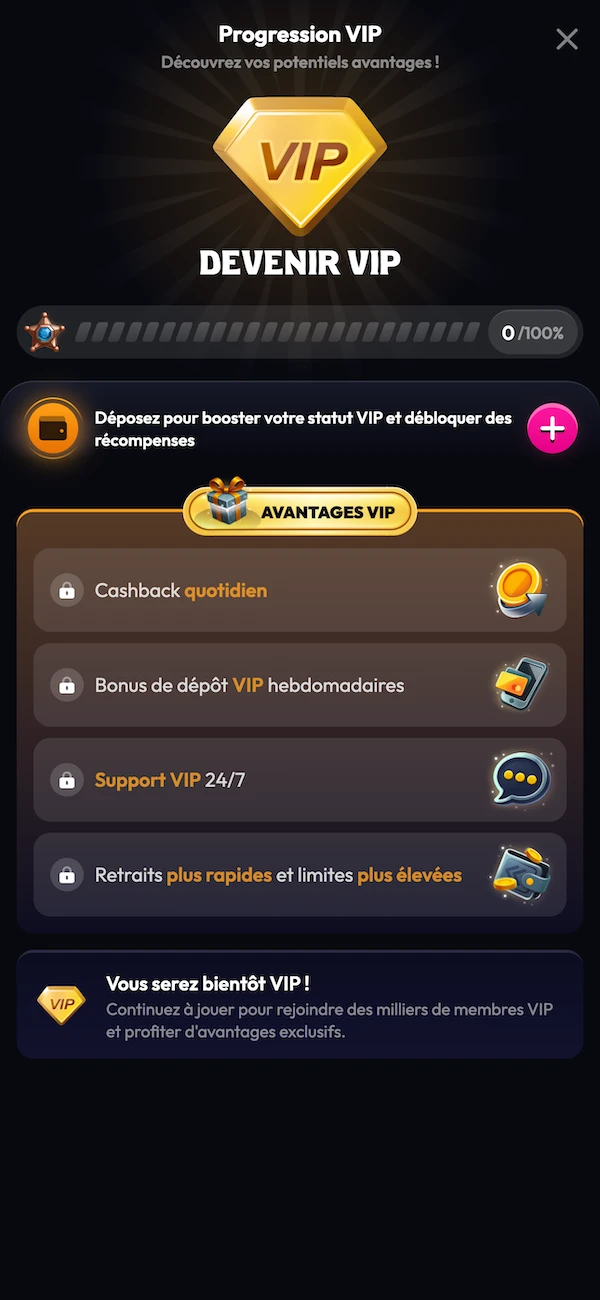 age progression VIP du casino Wildzy montrant barre d&rsquo;avancement, cashback quotidien et avantages VIP 24/7.