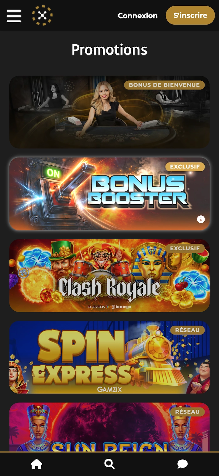 Page promotions de Casino Extra Tournament affichant plusieurs offres exclusives, bonus de bienvenue, bonus booster, jeux promotionnels et boutons connexion et s’inscrire en haut de l’écran mobile