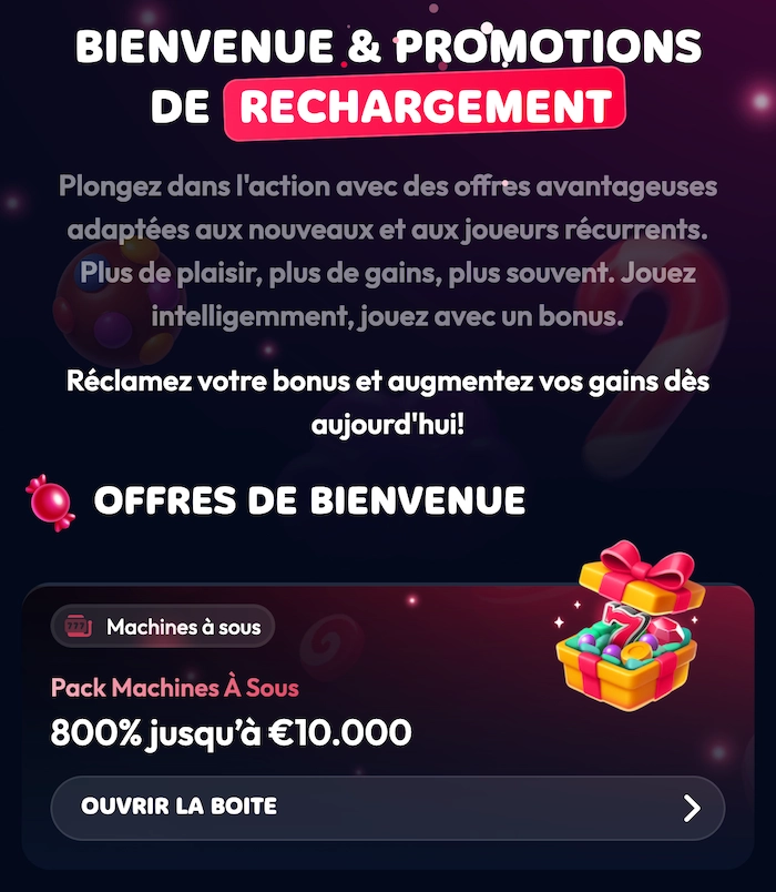 Page promotions du casino Gambiva sur mobile affichant les offres de bienvenue et bonus de rechargement avec visuels cadeaux et montants mis en avant.