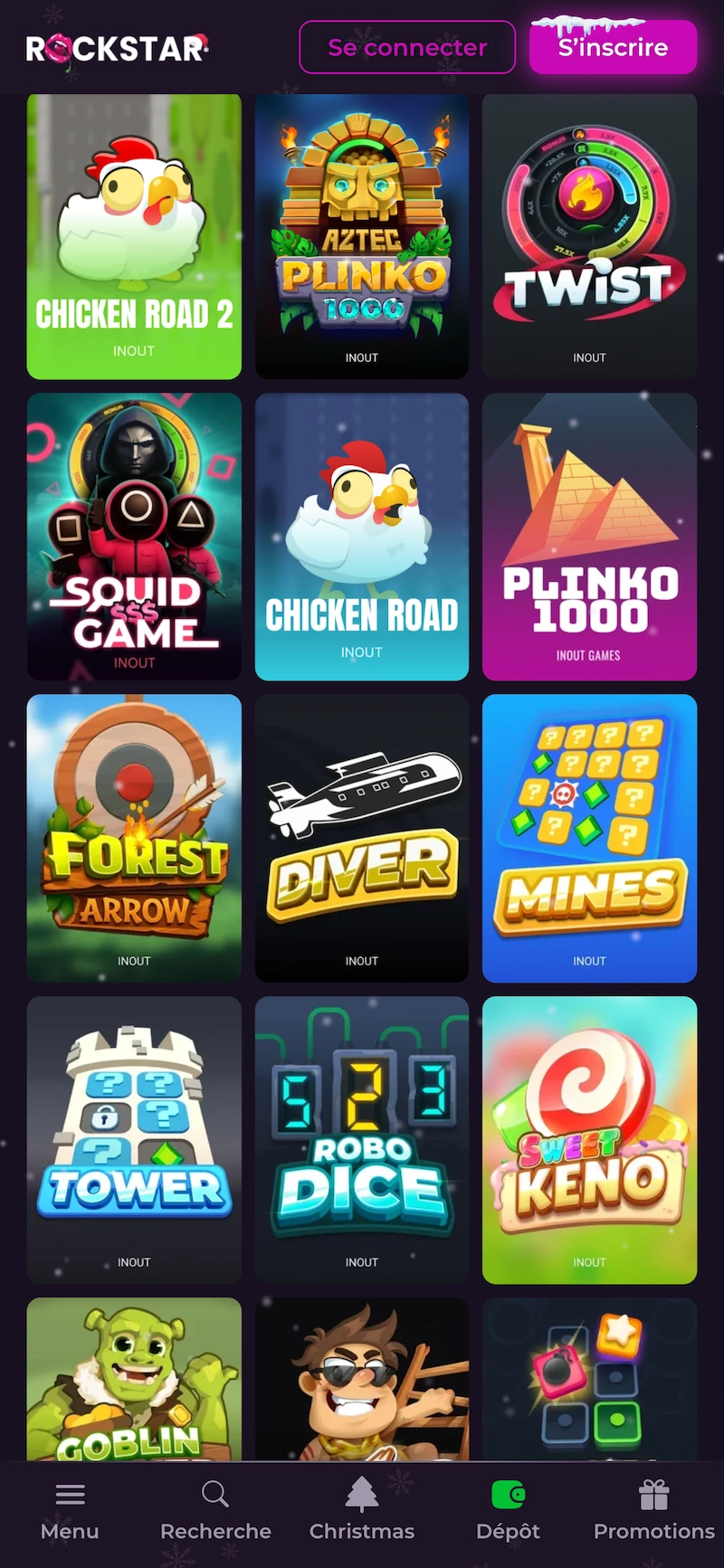Grille de mini-jeux et jeux crash sur Rockstar Casino mobile montrant Chicken Road, Plinko, Mines et autres jeux rapides accessibles depuis le menu principal