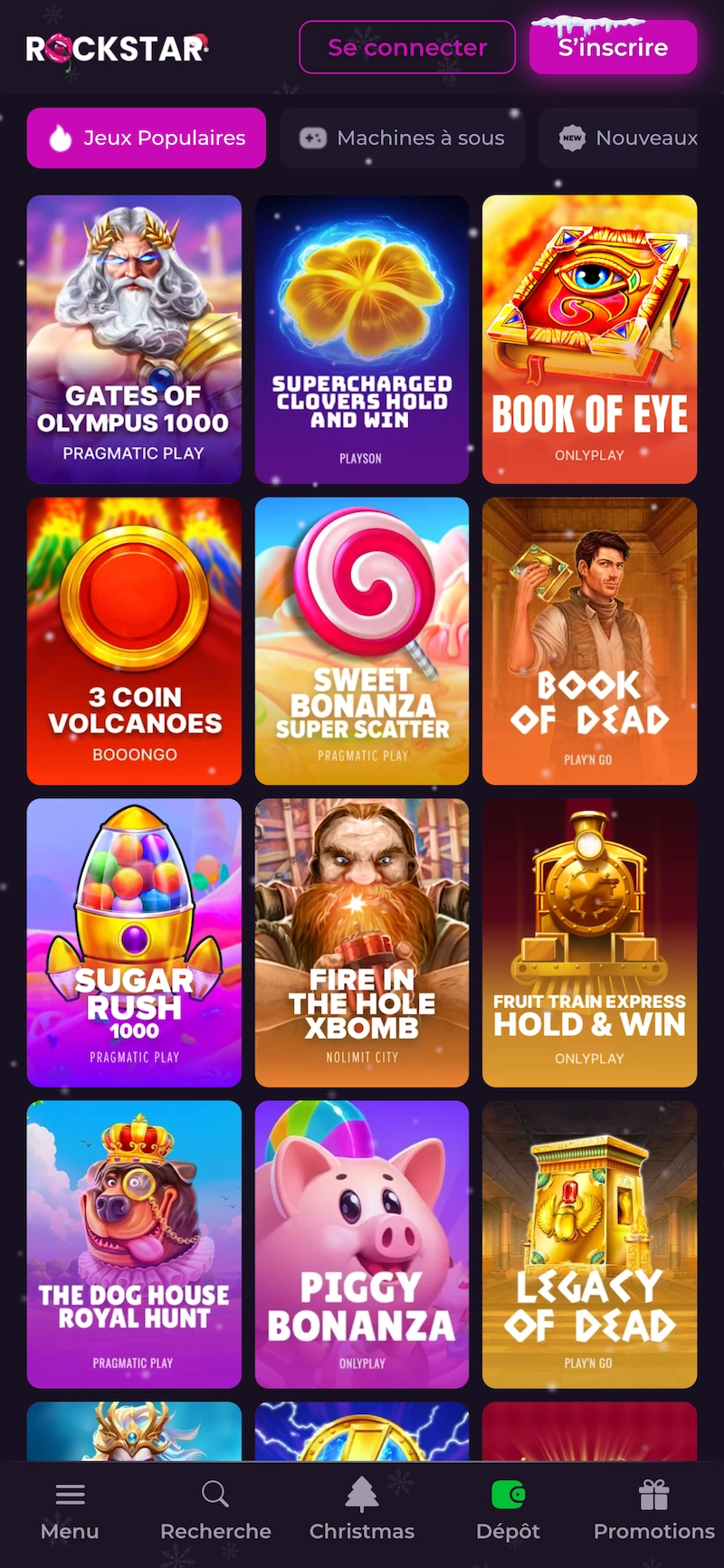 Catalogue des jeux populaires sur Rockstar Casino mobile avec machines &agrave; sous comme Book of Dead, Sweet Bonanza, Gates of Olympus et filtres par cat&eacute;gorie