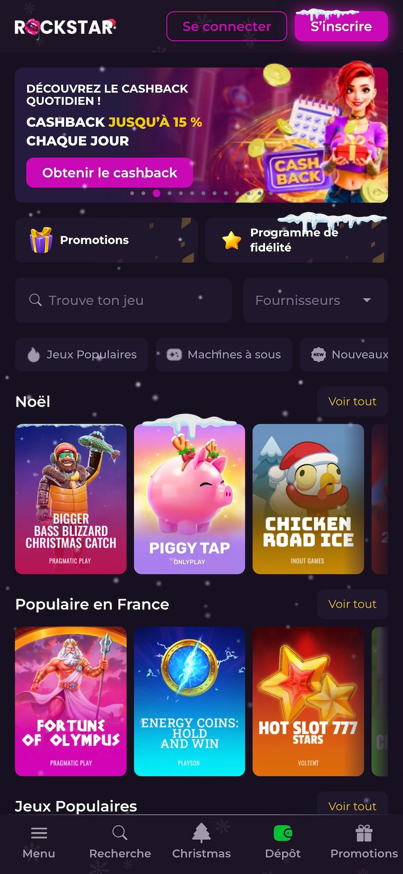 Version mobile de Rockstar Casino test&eacute;e sur iPhone affichant l&rsquo;accueil, les jeux populaires, le cashback quotidien et la navigation via le menu inf&eacute;rieur