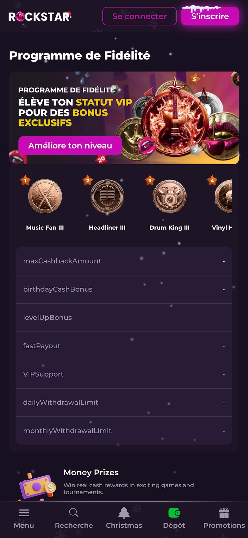 Page du programme VIP de Rockstar Casino sur mobile montrant les niveaux de fid&eacute;lit&eacute;, les statuts VIP, les bonus exclusifs et les limites de retrait mensuelles