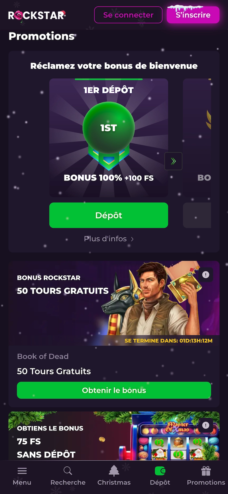 Page promotions mobile de Rockstar Casino affichant le bonus de bienvenue jusqu&rsquo;&agrave; 5 000 &euro; et 400 free spins avec bouton d&eacute;p&ocirc;t et offres en cours