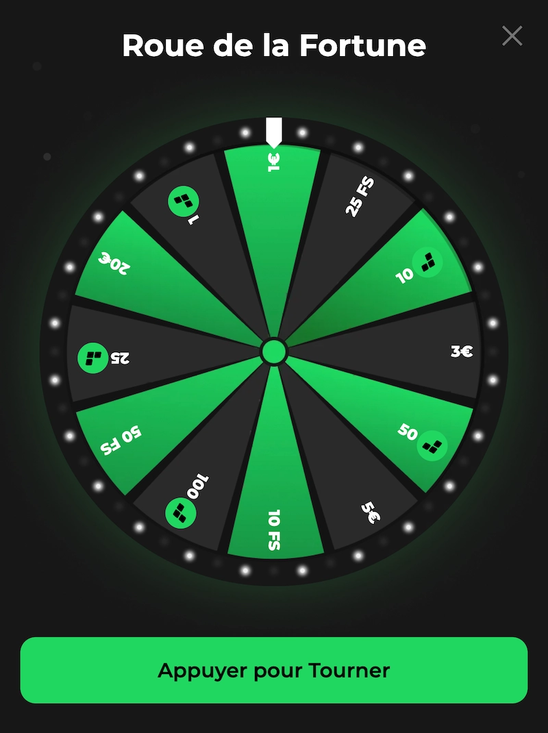 Roue de la fortune Betify affich&eacute;e sur fond noir et vert, avec diff&eacute;rents gains possibles comme 1 &euro;, 3 &euro;, 10 &euro;, 20 &euro;, 50 &euro;, 100 &euro;, ainsi que des free spins, et un bouton vert &laquo; Appuyer pour Tourner &raquo; permettant de jouer gratuitement au bonus sans d&eacute;p&ocirc;t de Betify.