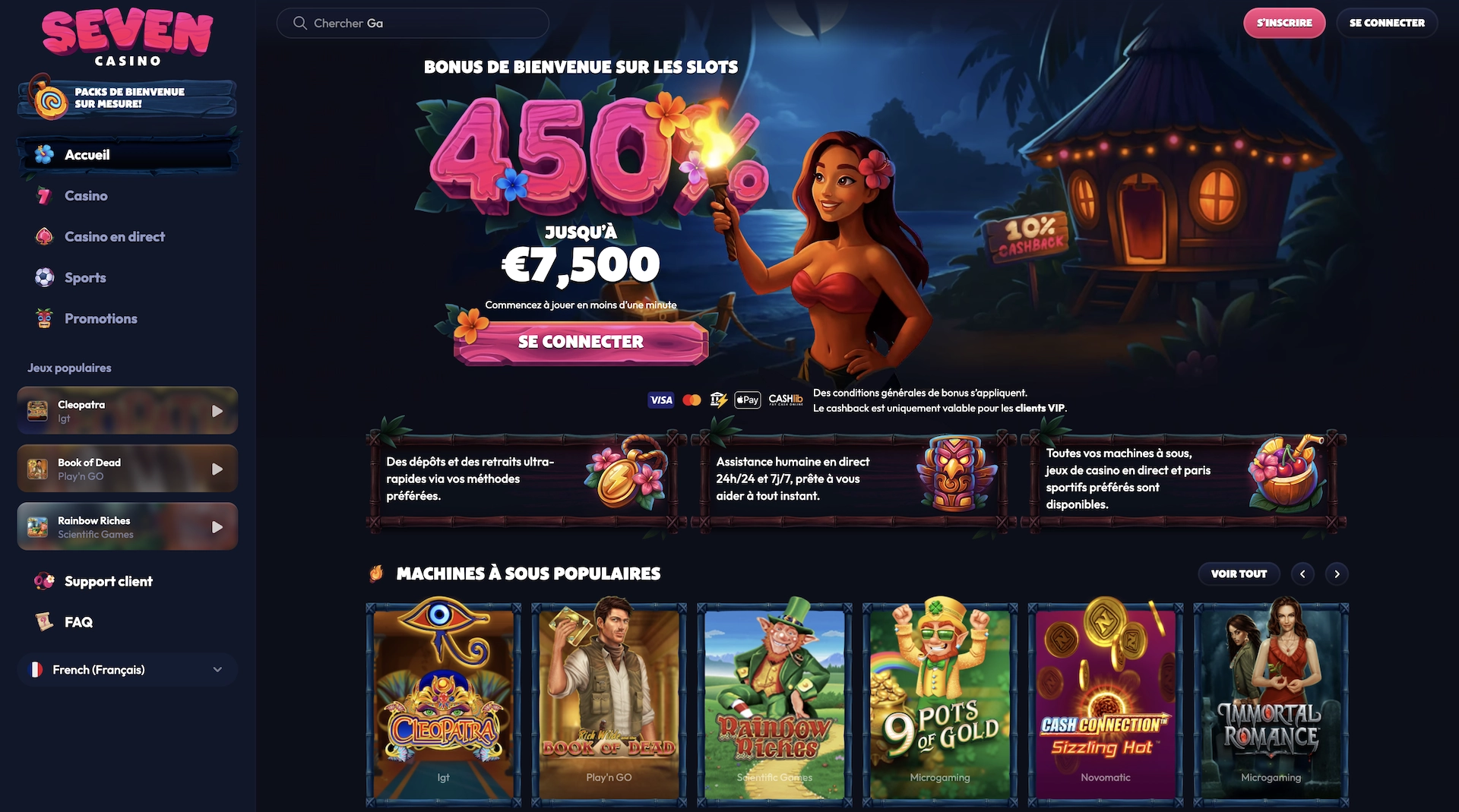 Accueil de Seven Casino sur ordinateur, mettant en avant le bonus de bienvenue slots 450 % jusqu&rsquo;&agrave; 7 500 &euro;, une mascotte f&eacute;minine devant une cabane &ldquo;10 % cashback&rdquo;, et une s&eacute;lection de machines &agrave; sous populaires comme Cleopatra, Book of Dead et Rainbow Riches.