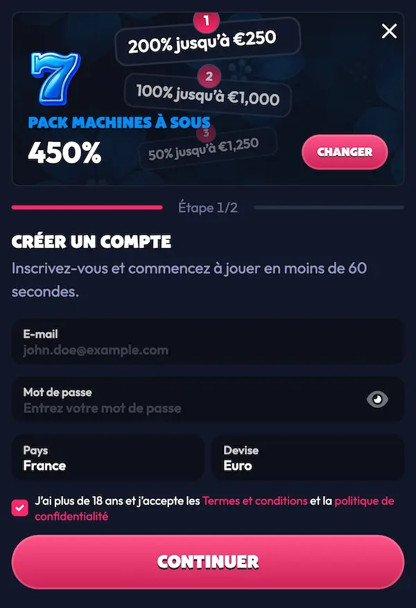 Formulaire de cr&eacute;ation de compte sur Seven Casino qui affiche le pack machines &agrave; sous avec 450 % de bonus, les &eacute;tapes d&rsquo;inscription, les champs email et mot de passe, et la s&eacute;lection du pays et de la devise.