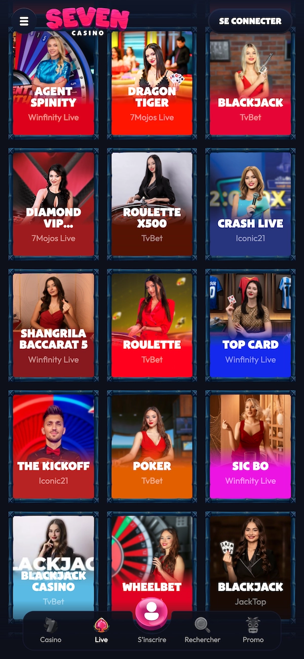 La s&eacute;lection de jeux de casino en direct sur Seven Casino qui montre des tables comme Agent SpinItY, Dragon Tiger, Blackjack, Roulette, Poker, Sic Bo et Wheelbet, avec des croupiers en direct et des couleurs vives sur fond sombre.