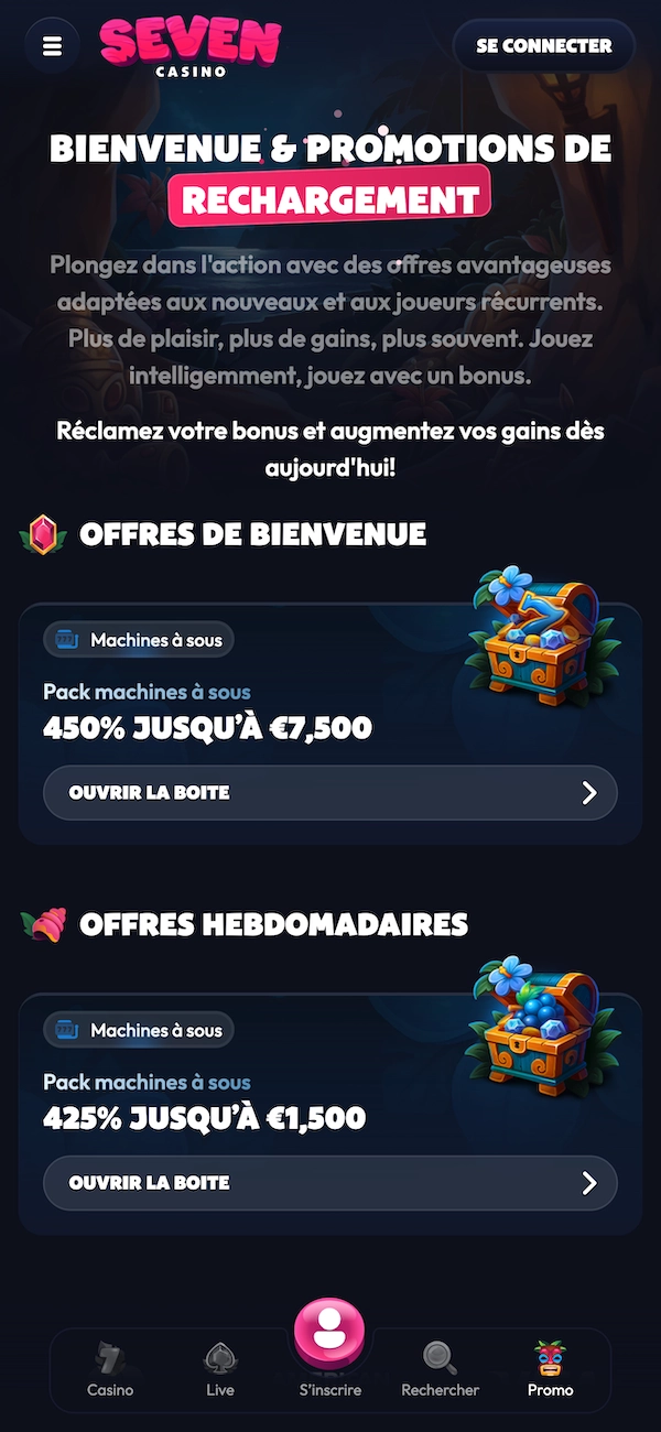Page des promotions de Seven Casino sur mobile, qui montre le bonus de bienvenue &agrave; 450 % jusqu&rsquo;&agrave; 7 500 &euro;, le pack hebdomadaire &agrave; 425 % jusqu&rsquo;&agrave; 1 500 &euro;, et deux coffres qui illustrent les offres de bonus sur les machines &agrave; sous.