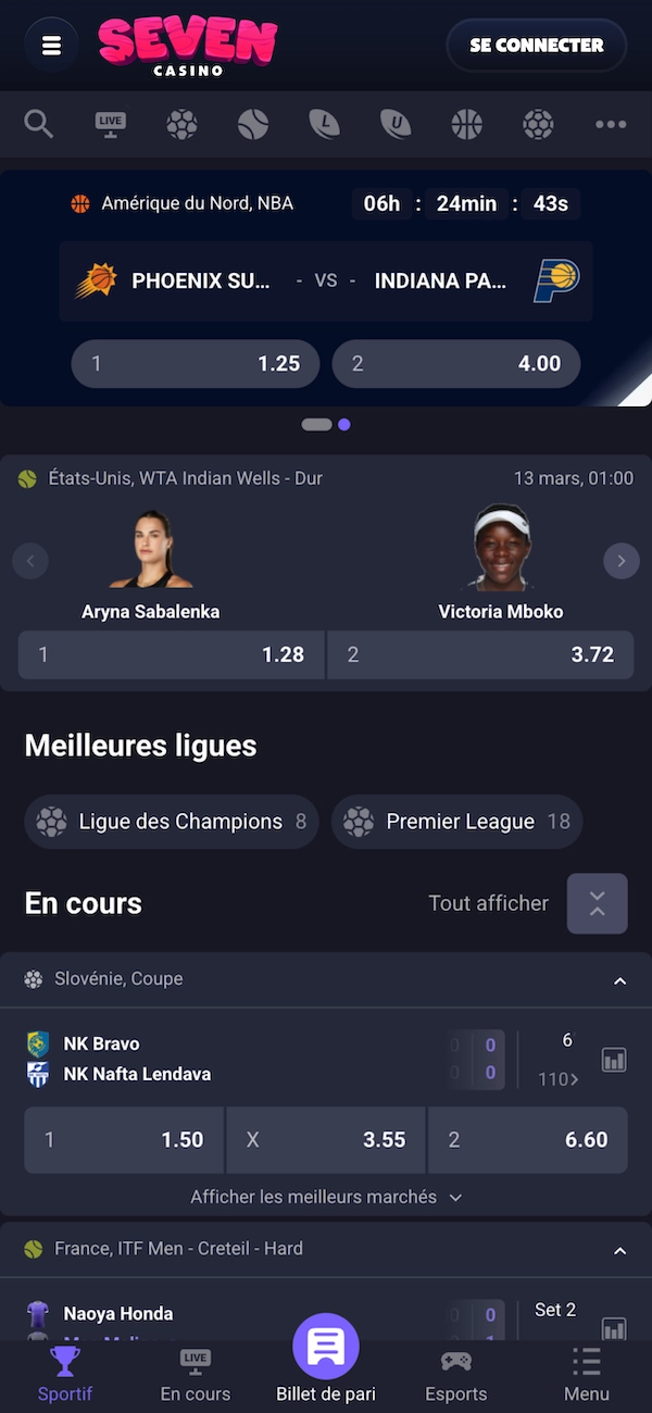 Une capture d&rsquo;&eacute;cran de la page paris sportifs de Seven Casino sur mobile, avec les cotes d&rsquo;un match NBA Phoenix Suns contre Indiana Pacers, des paris sur le tennis et le football, et un menu sombre aui affiche les meilleures ligues et les matchs en cours.