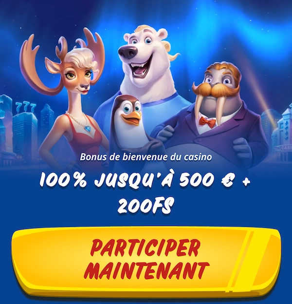 Banni&egrave;re du bonus de bienvenue SG Casino avec l&rsquo;offre 100 % jusqu&rsquo;&agrave; 500 &euro; et 200 free spins et un bouton participer maintenant pour s&rsquo;inscrire
