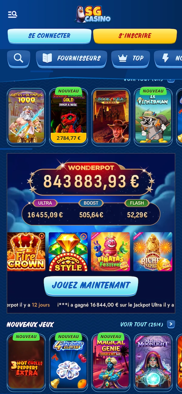 Page des machines &agrave; sous SG Casino avec plusieurs jeux populaires et le jackpot progressif Wonderpot affich&eacute; au centre