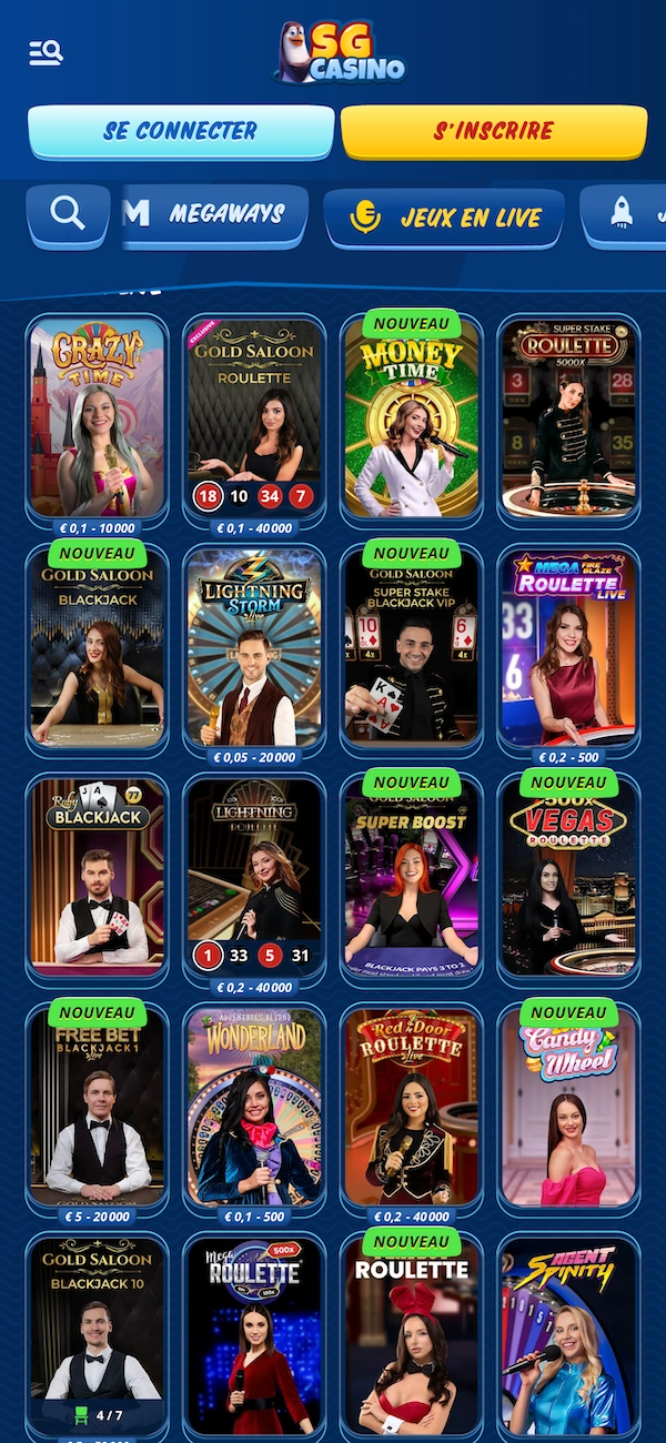 Lobby du casino live SG Casino avec plusieurs jeux en direct comme Crazy Time, roulette et blackjack avec croupiers