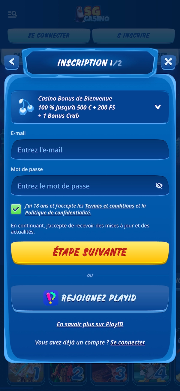 Formulaire d&rsquo;inscription SG Casino sur mobile avec les champs email et mot de passe et l&rsquo;offre de bienvenue 100 % jusqu&rsquo;&agrave; 500 &euro; et 200 free spins