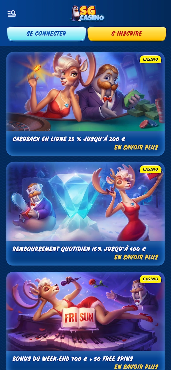 Page des promotions SG Casino sur mobile avec trois offres affich&eacute;es : cashback en ligne 25 % jusqu&rsquo;&agrave; 200 &euro;, remboursement quotidien 15 % jusqu&rsquo;&agrave; 400 &euro; et bonus du week-end 700 &euro; plus 50 free spins