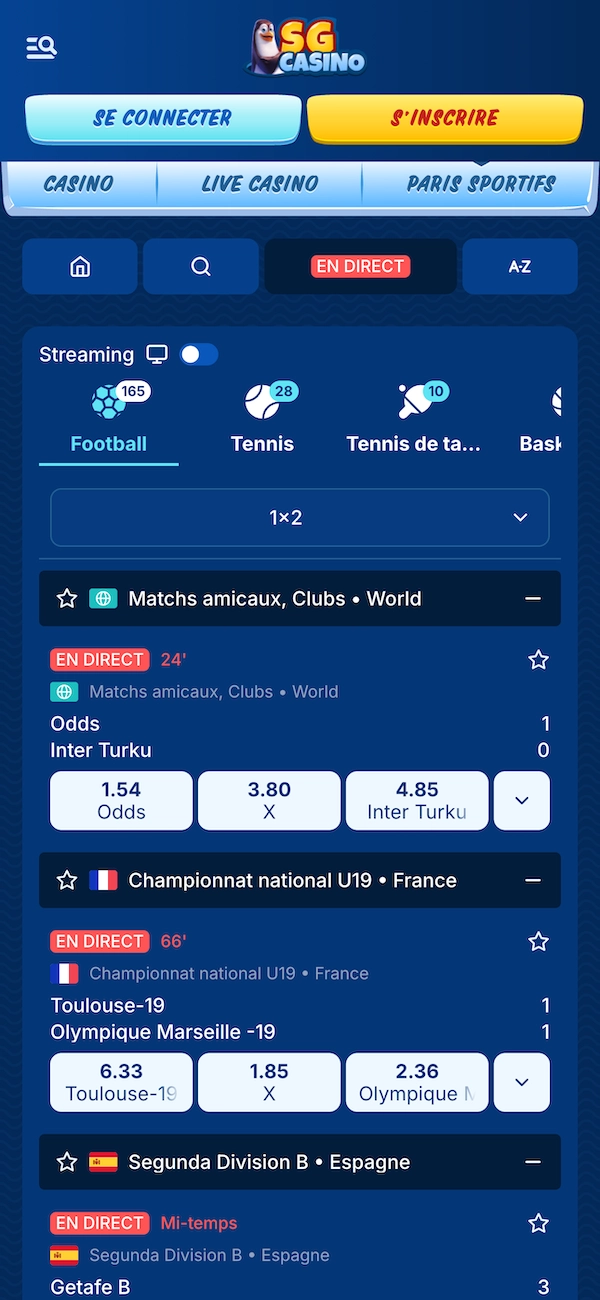 Page des paris sportifs SG Casino avec une liste de matchs de football en direct et les cotes disponibles