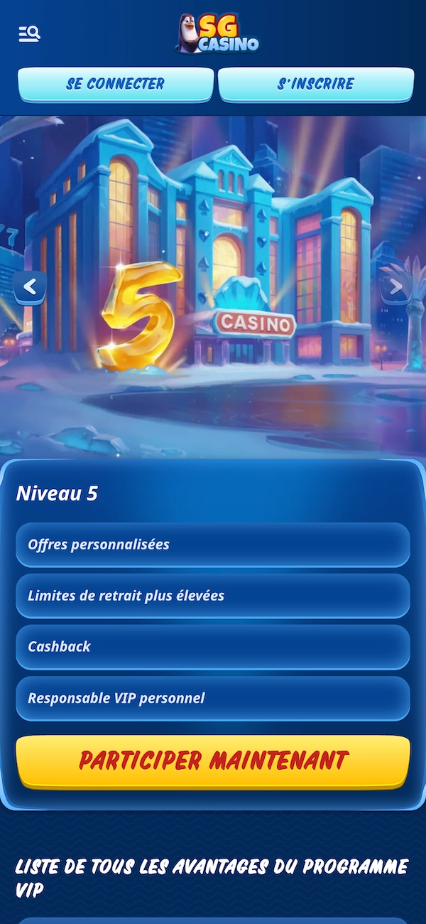 Page du programme VIP SG Casino niveau 5 avec les avantages comme cashback, offres personnalis&eacute;es et limites de retrait plus &eacute;lev&eacute;es