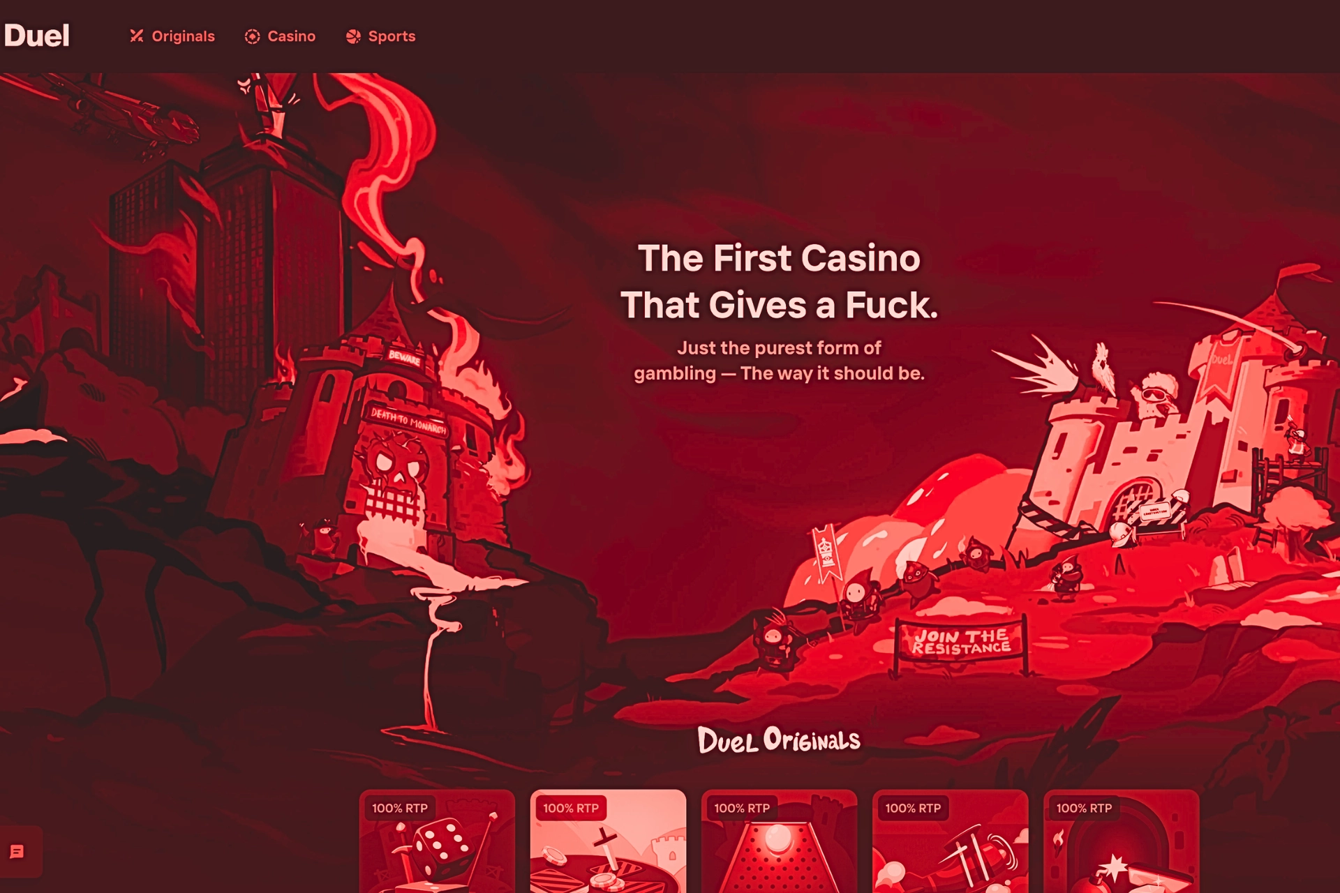 Page d&rsquo;accueil Duel.com en version desktop avec banni&egrave;re rouge illustr&eacute;e, slogan &ldquo;The First Casino That Gives a Fuck&rdquo;, univers graphique opposant deux forteresses, et la section Duel Originals qui affiche les jeux maison avec leur 100 % de RTP