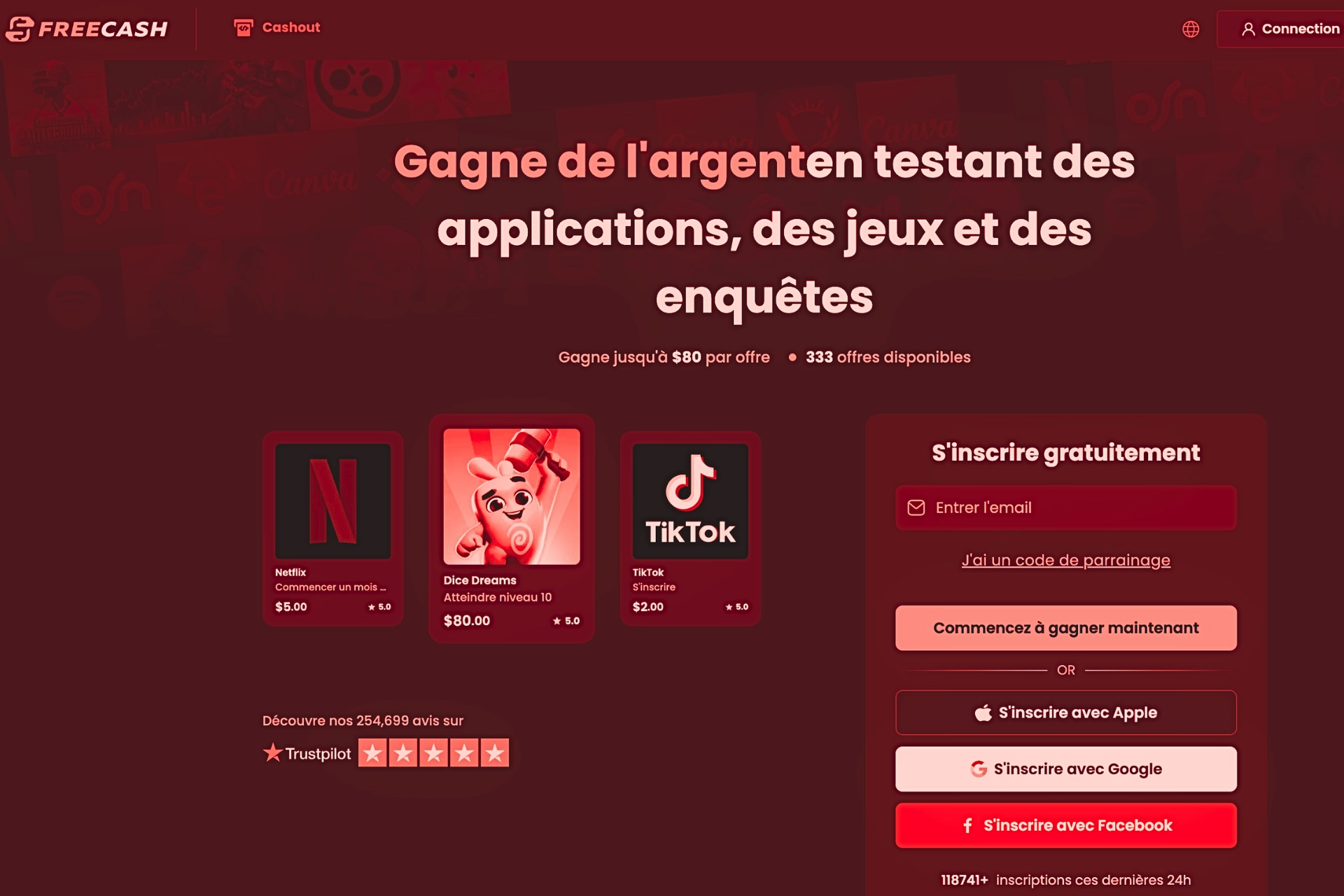 Page d’accueil du site Freecash montrant une plateforme pour gagner de l’argent en testant des applications et des jeux, avec offres comme Netflix, Dice Dreams et TikTok, formulaire d’inscription par email, boutons d’inscription via Apple, Google ou Facebook, et note Trustpilot visible en bas de l’écran.