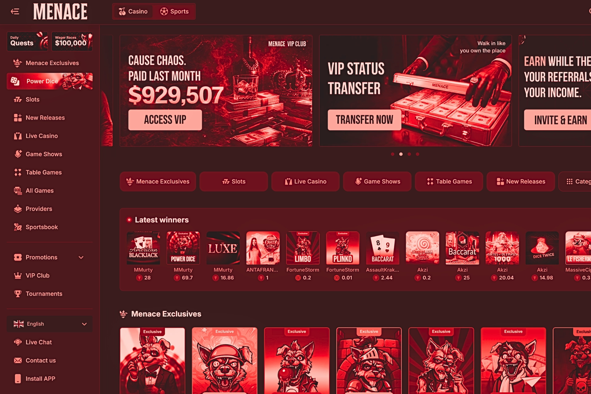 Page d&rsquo;accueil du casino crypto Menace en version desktop avec menu lat&eacute;ral Casino et Sports, banni&egrave;res VIP rouges, bouton Access VIP, section Menace Exclusives et liste des derniers gagnants en bas.