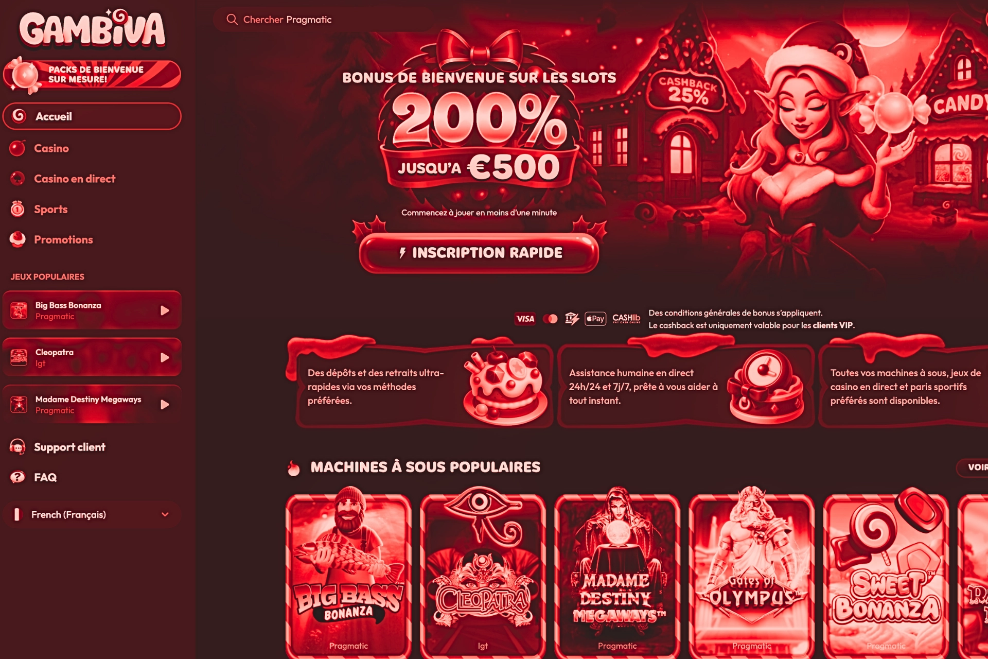 Page d&rsquo;accueil du casino en ligne Gambiva affichant le bonus de bienvenue 200 % jusqu&rsquo;&agrave; 500 &euro;, une inscription rapide et les machines &agrave; sous populaires comme Big Bass Bonanza et Sweet Bonanza.