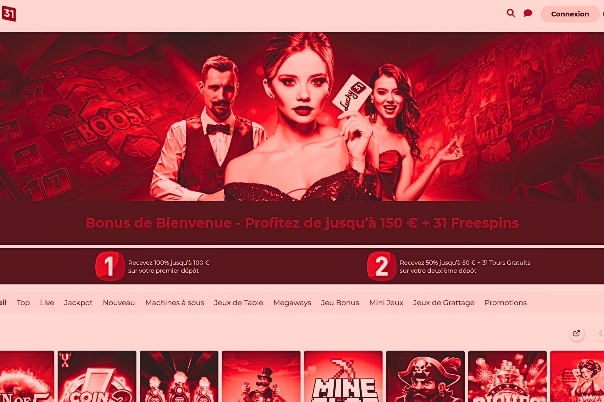 Banni&egrave;re principale du casino en ligne Lucky31 mettant en avant le bonus de bienvenue jusqu&rsquo;&agrave; 150 &euro; et 31 free spins, avec croupiers et machines &agrave; sous en arri&egrave;re-plan.