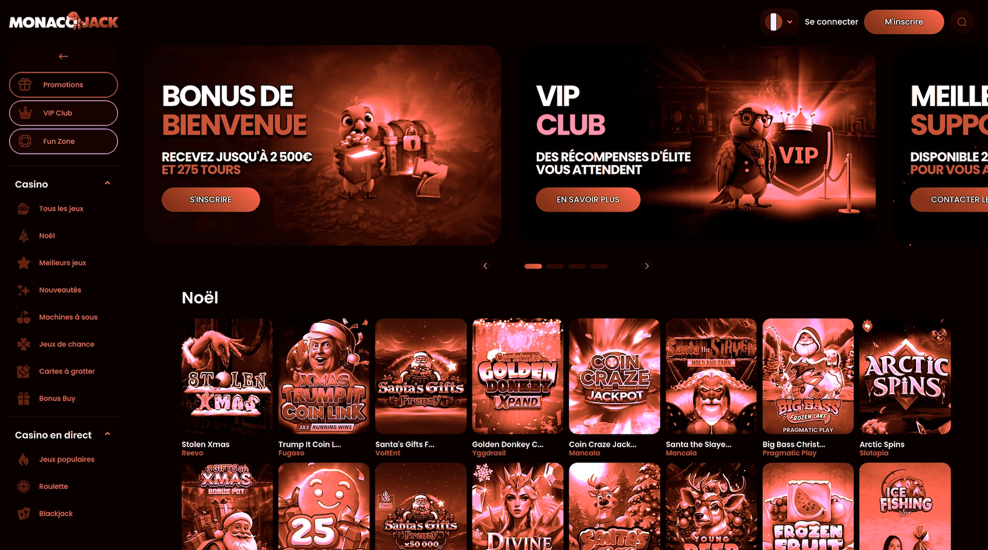 Page d&rsquo;accueil du casino en ligne MonacoJack avec le bonus de bienvenue jusqu&rsquo;&agrave; 2 500 &euro; et 275 tours gratuits, le Club VIP et une s&eacute;lection de machines &agrave; sous mises en avant.