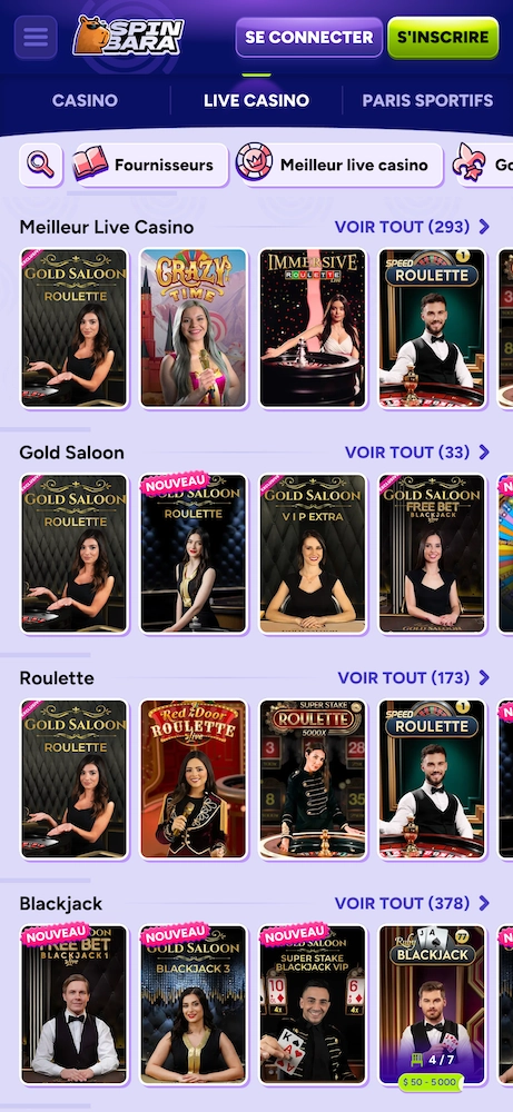 section casino live de Spinbara avec roulette, blackjack et jeux live avec croupiers