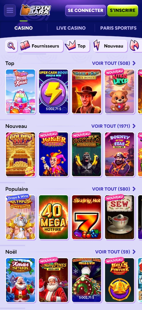 catalogue des jeux de casino Spinbara avec machines à sous populaires, nouveautés et jeux saisonniers