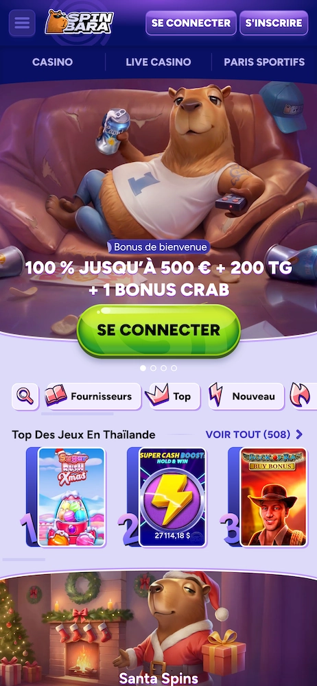 Capture d’écran mobile du casino en ligne Spinbara montrant la page d’accueil avec un personnage capybara, le bonus de bienvenue 100 % jusqu’à 500 € + 200 tours gratuits, l’accès au casino, live casino et paris sportifs, ainsi qu’une sélection de jeux populaires.