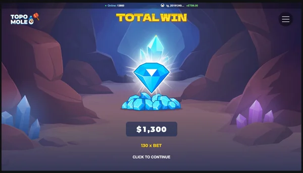 Écran Total Win de Topo Mole avec un gain de 1 300 $ représentant x130 la mise, avec un grand diamant bleu au centre de la grotte.