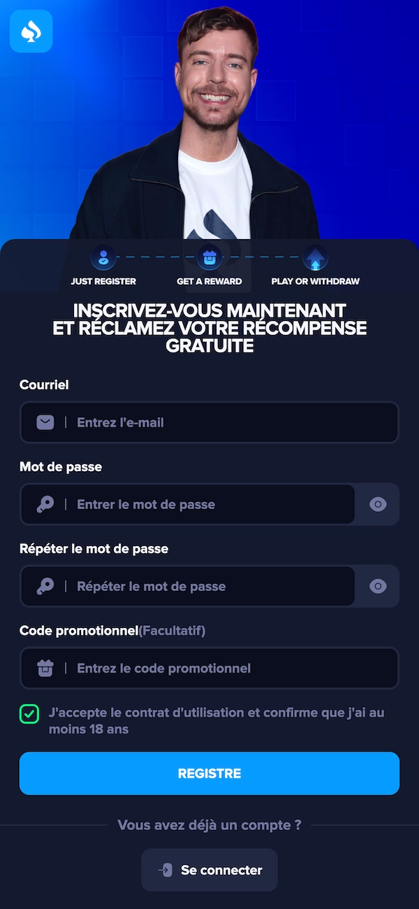Formulaire d&rsquo;inscription du faux site Mr Beast Casino avec une photo de Mr Beast, des champs email et mot de passe, code promotionnel facultatif et un bouton &ldquo;Registre&rdquo; pour cr&eacute;er son compte.