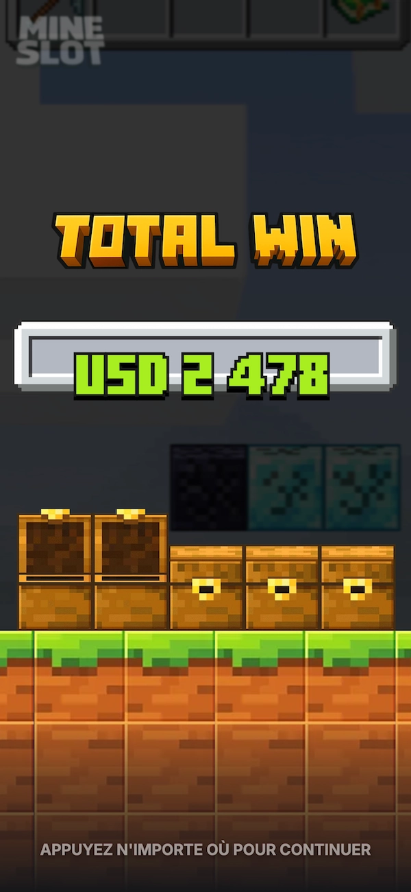 &Eacute;cran de gain sur la machine &agrave; sous Mine Slot affichant un Total Win de 2 478 dollars avec cinq coffres ouverts en bas de la grille de blocs