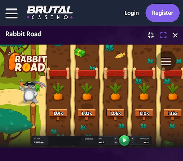 Jeu du lapin Rabbit Road lancé sur Brutal Casino avec le lapin à gauche, les cases du champ affichant les multiplicateurs 1.01x, 1.03x, 1.06x, 1.10x, 1.15x et bouton vert pour démarrer la partie