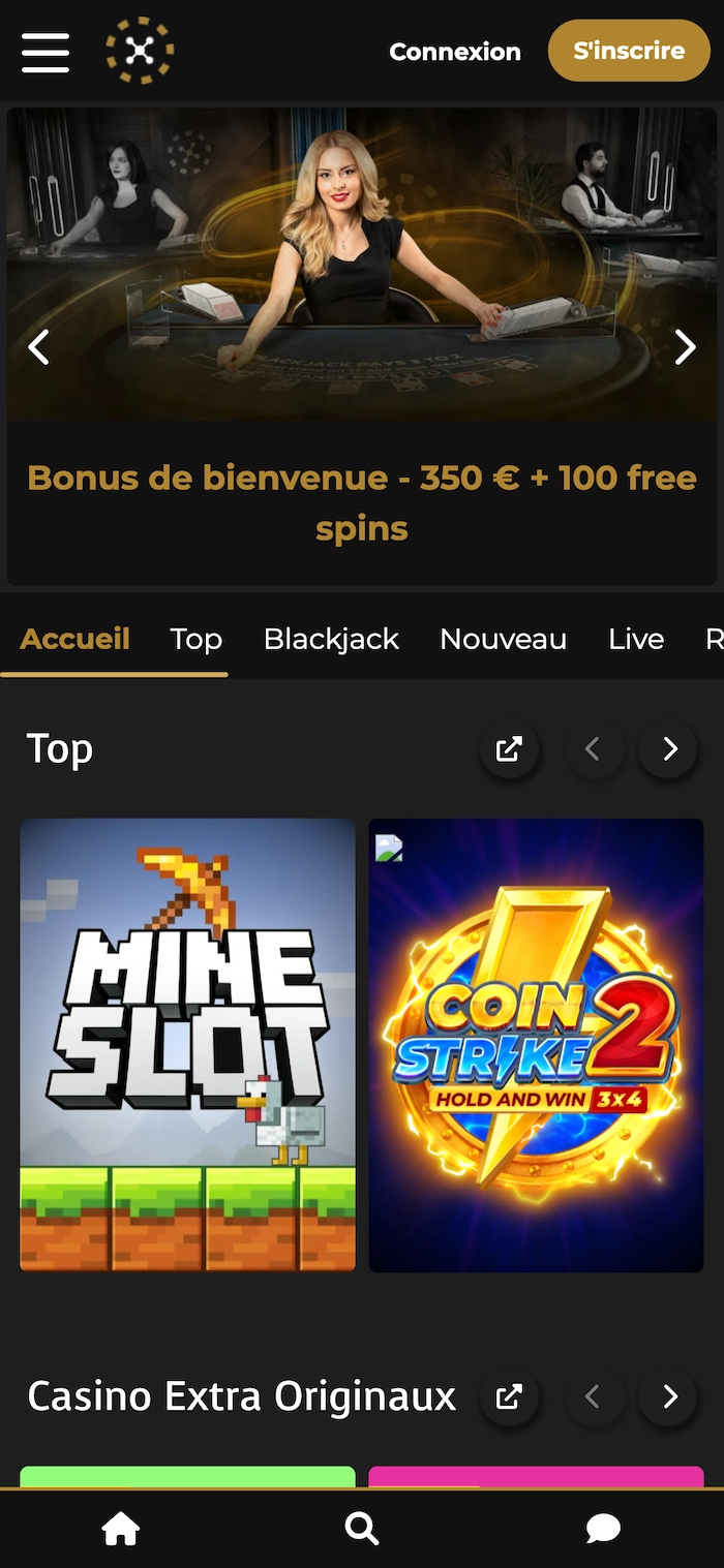 Page d’accueil mobile Casino Extra Tournament affichant le bonus de bienvenue 350 € + 100 free spins, menus jeux, blackjack, live et section top jeux