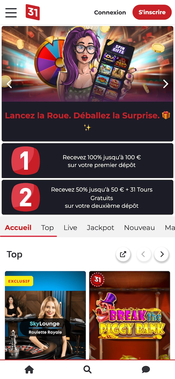 Page d’accueil mobile de Lucky31 qui affiche le bonus de 100 % jusqu’à 100 € et 50 % jusqu’à 50 € + 31 tours gratuits avec menu le menu Accueil, Top, Live et Jackpot visible