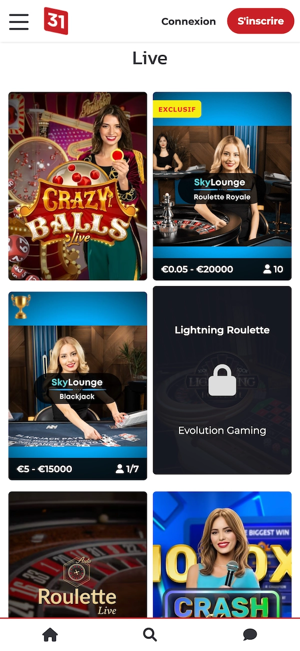 Section Live du casino Lucky31 sur mobile avec les jeux Crazy Balls Live, SkyLounge Roulette Royale et Blackjack, et des limites de mises affichées sous les tables
