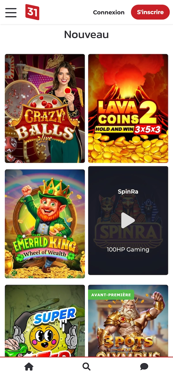 Page des nouveaux jeux du casino Lucky31 en version mobile avec les vignettes des jeux Crazy Balls Live, Lava Coins 2, Emerald King et un bouton S’inscrire en haut de l’écran