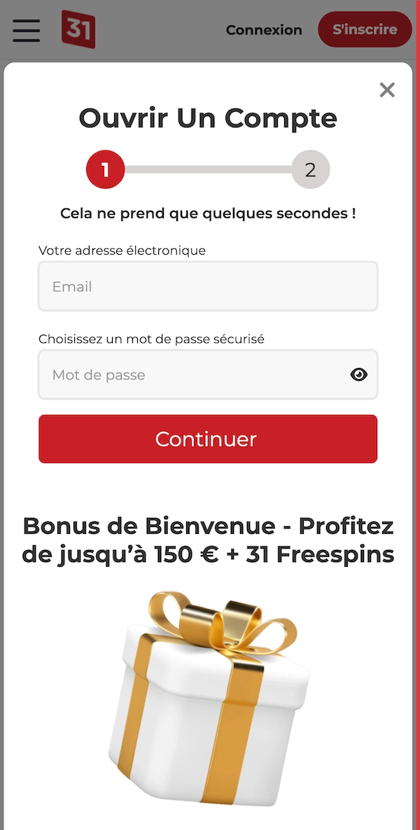 Fenêtre d’inscription Lucky31 sur mobile affichant le formulaire ou il faut mettre son email, mot de passe, et un bouton Continuer avant la mention du bonus jusqu’à 150 € + 31 free spins