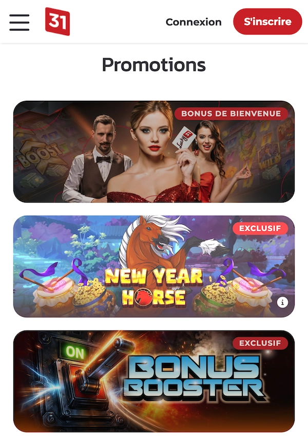 Page des promotions de Lucky31 en version mobile montrant le bonus de bienvenue, l’offre exclusive New Year Horse et le Bonus Booster avec des visuels marketing