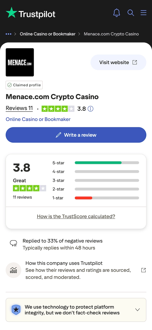Page Trustpilot de Menace.com Crypto Casino affichant une note globale de 3,8 sur 5 bas&eacute;e sur 11 avis, profil revendiqu&eacute; et r&eacute;partition visuelle des notes de 5 &agrave; 1 &eacute;toile.